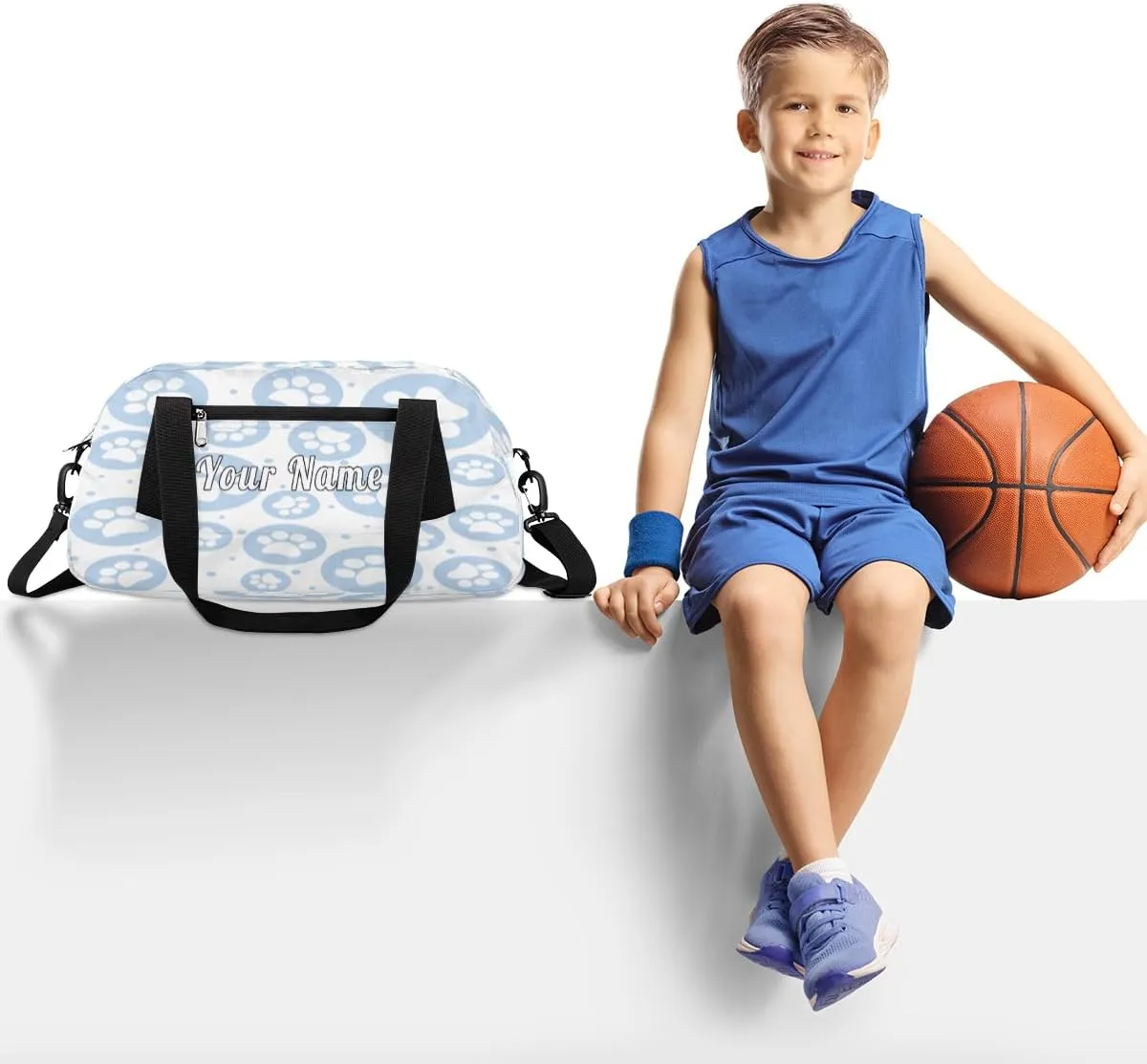 Personalized Kids Duffel Bag Animal Cute Paw Footprint,Custom Sport Gym Bag for Boys Girls,WWeekender Overnight Bags Travel Duffel Bag,Customized Kids Gift