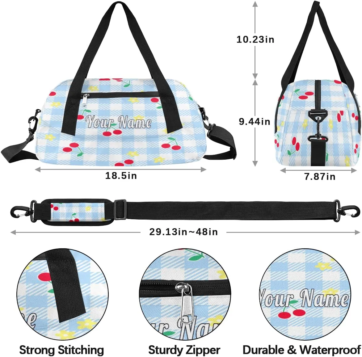 Personalized Kids Duffel Bag Geometric Plaid Cherry Fruit,Custom Sport Gym Bag for Boys Girls,WWeekender Overnight Bags Travel Duffel Bag,Customized Kids Gift