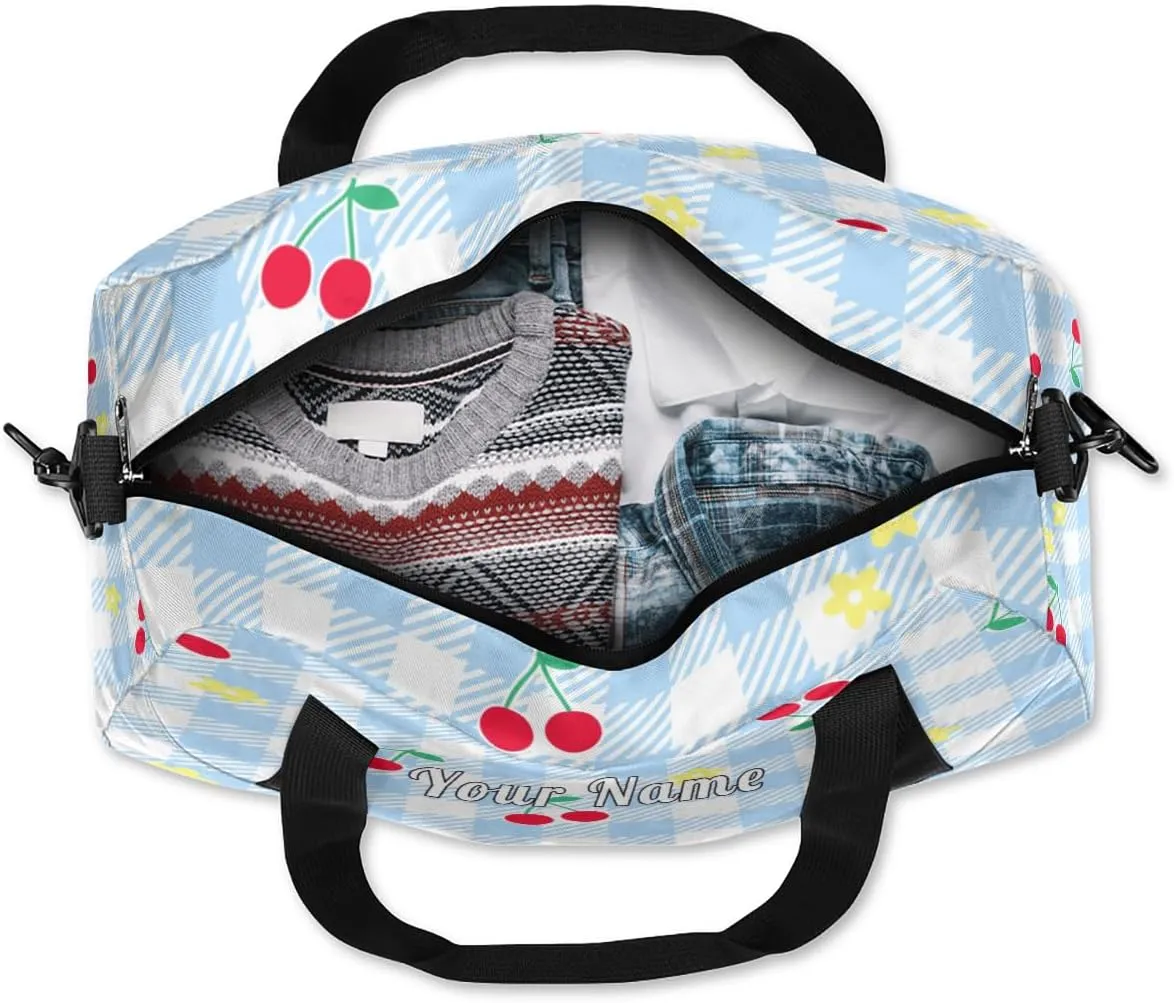 Personalized Kids Duffel Bag Geometric Plaid Cherry Fruit,Custom Sport Gym Bag for Boys Girls,WWeekender Overnight Bags Travel Duffel Bag,Customized Kids Gift