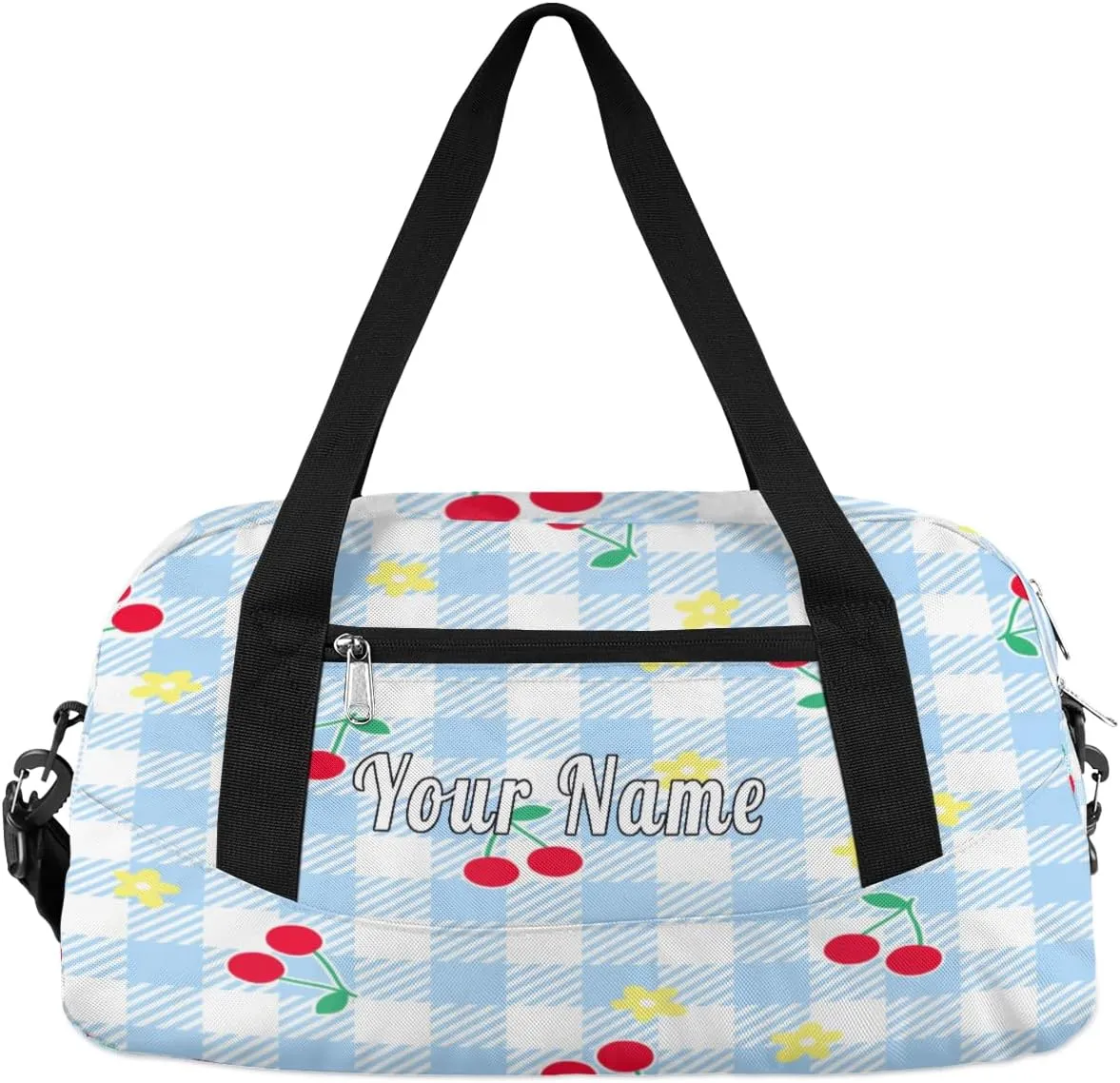 Personalized Kids Duffel Bag Geometric Plaid Cherry Fruit,Custom Sport Gym Bag for Boys Girls,WWeekender Overnight Bags Travel Duffel Bag,Customized Kids Gift
