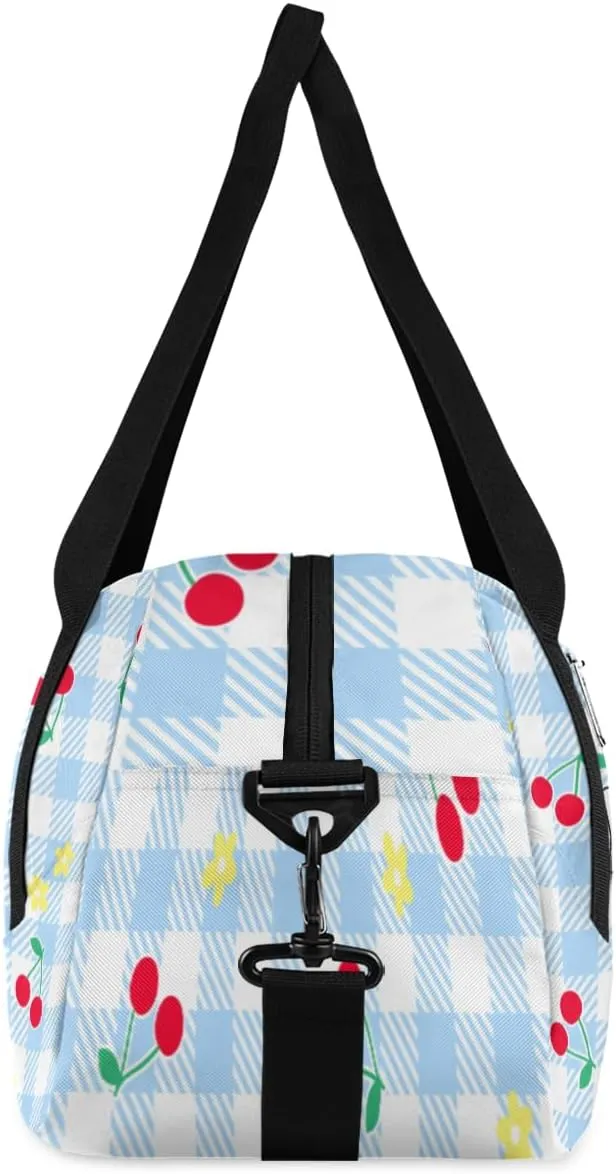 Personalized Kids Duffel Bag Geometric Plaid Cherry Fruit,Custom Sport Gym Bag for Boys Girls,WWeekender Overnight Bags Travel Duffel Bag,Customized Kids Gift
