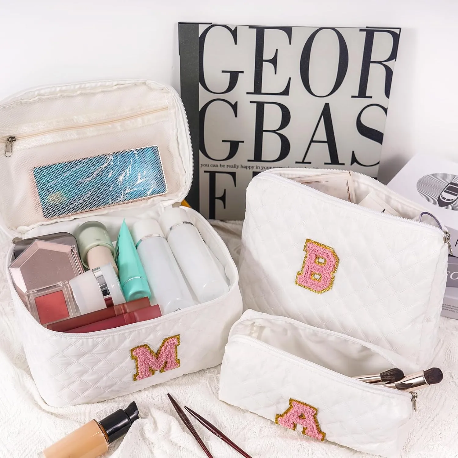 Personalized Makeup Bag Set,Initial Cosmetic Bag for Women,Cute Make Up Bags,Toiletry Organizer Travel Accessories-E