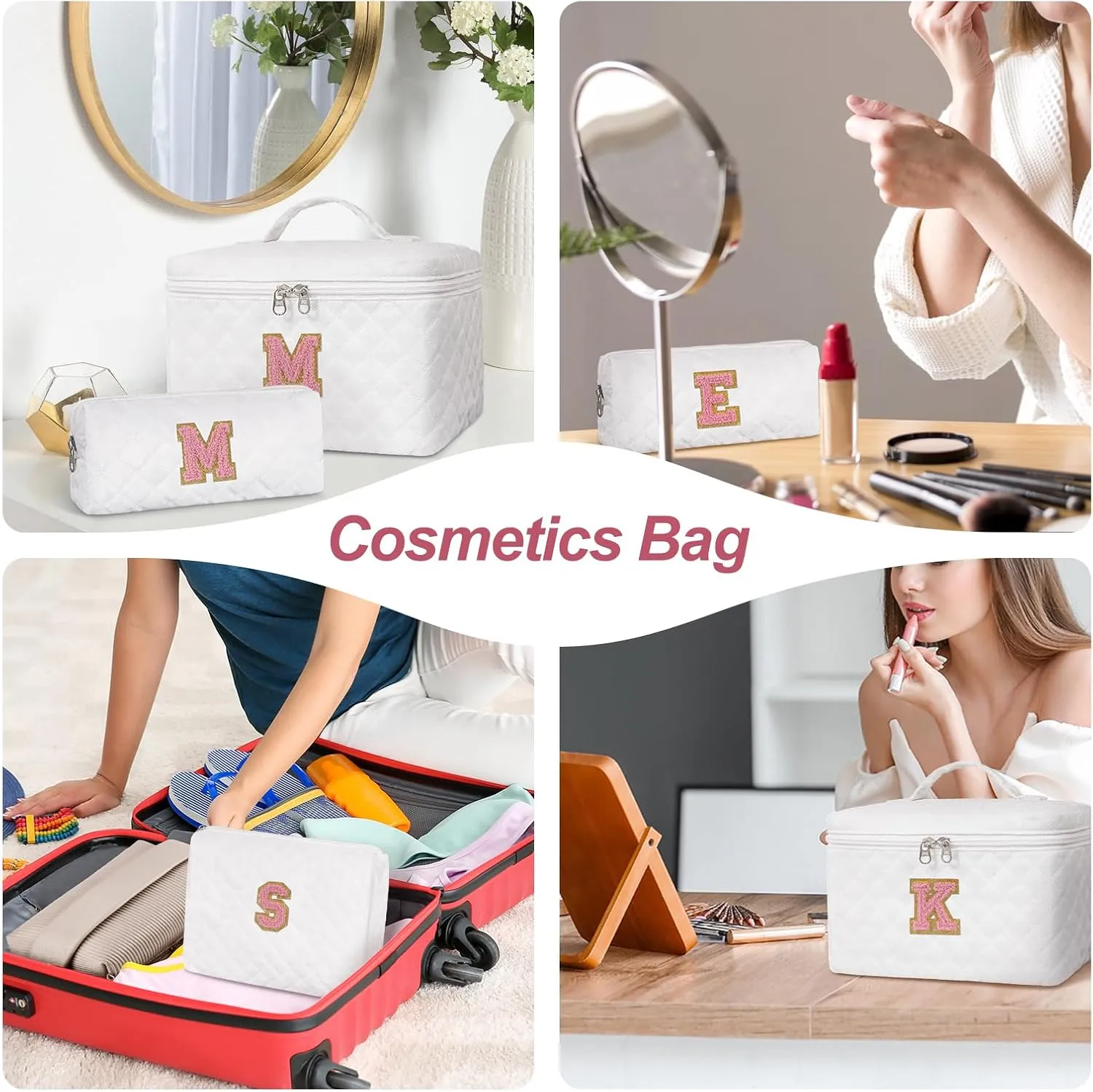 Personalized Makeup Bag Set,Initial Cosmetic Bag for Women,Cute Make Up Bags,Toiletry Organizer Travel Accessories-E