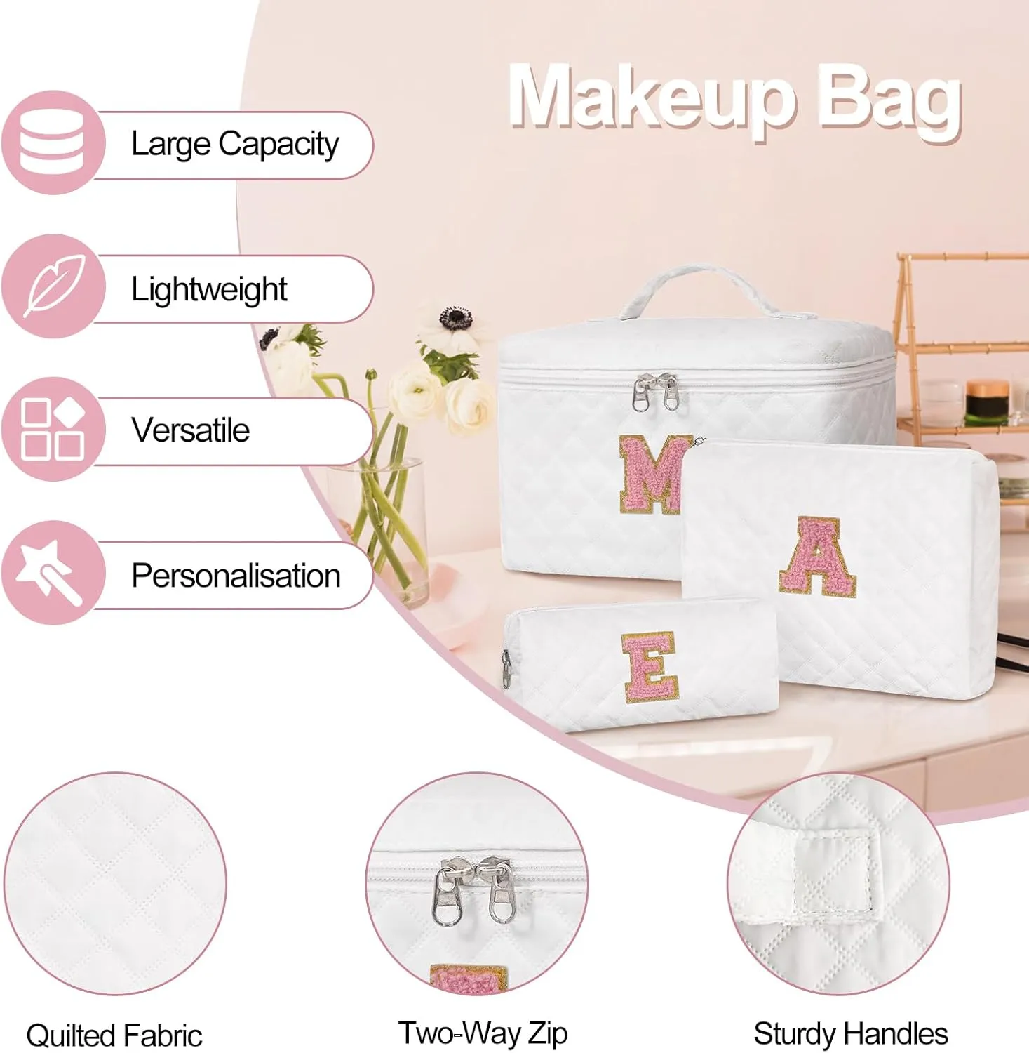 Personalized Makeup Bag Set,Initial Cosmetic Bag for Women,Cute Make Up Bags,Toiletry Organizer Travel Accessories-E