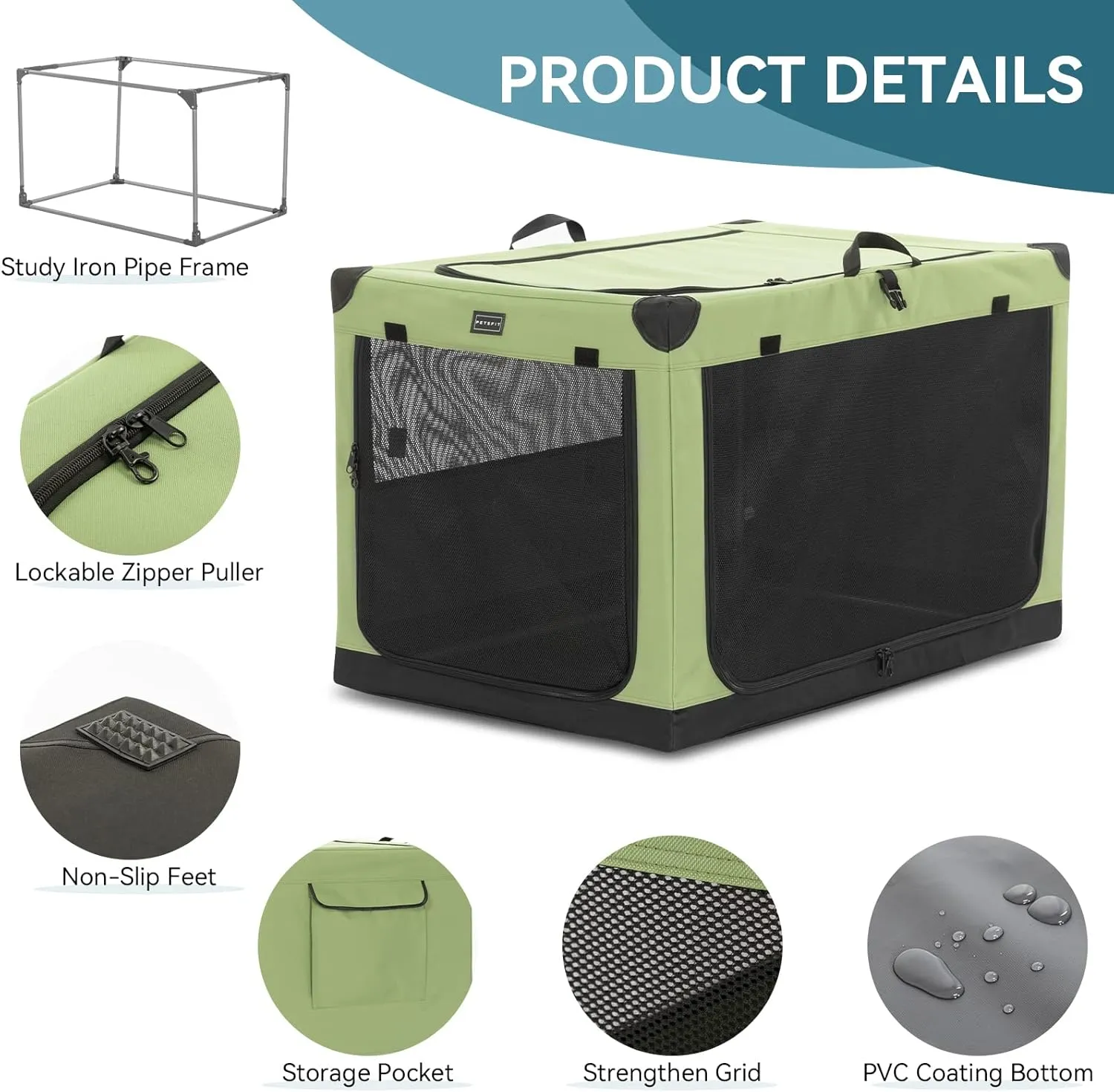 PETSFIT Soft Dog Crate, with Patented Adjustable Fabric Cover, Chewproof & Lockable Mesh Doors, Waterproof Base Collapsible Kennel Green 30 Inch