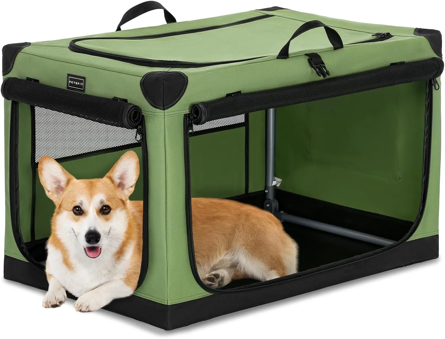 PETSFIT Soft Dog Crate, with Patented Adjustable Fabric Cover, Chewproof & Lockable Mesh Doors, Waterproof Base Collapsible Kennel Green 30 Inch