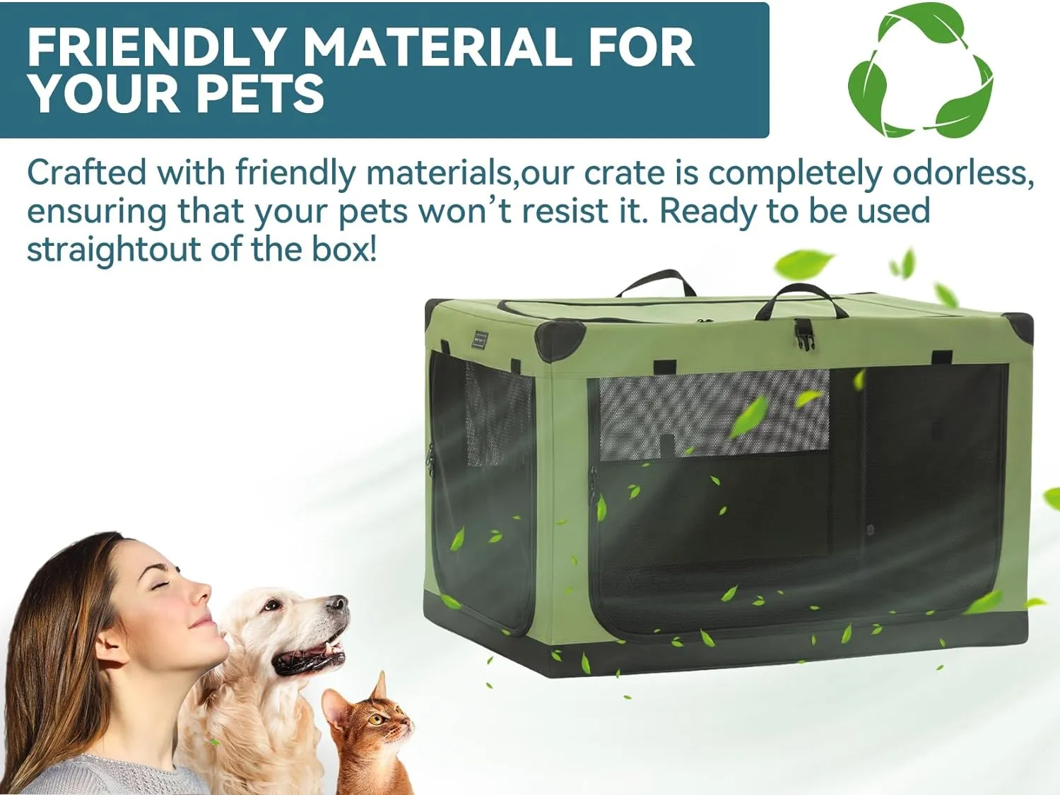 PETSFIT Soft Dog Crate, with Patented Adjustable Fabric Cover, Chewproof & Lockable Mesh Doors, Waterproof Base Collapsible Kennel Green 30 Inch