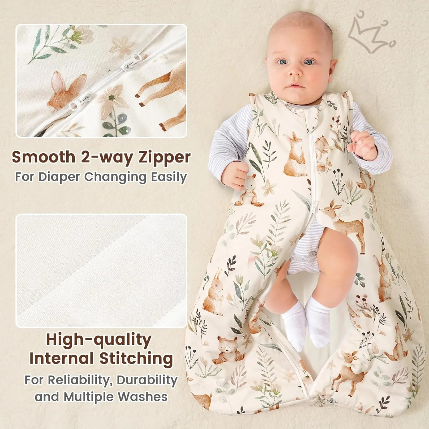 PHF 100% Cotton Baby Sleep Sack 18-24 Months, 2.5 TOG Winter Baby Wearable Blanket with 2-Way Zipper, Warm Comfy Quilted Sleeping Bags, Infant Sleeping Sack for Newborn Boys, X-Large Size, Woodland