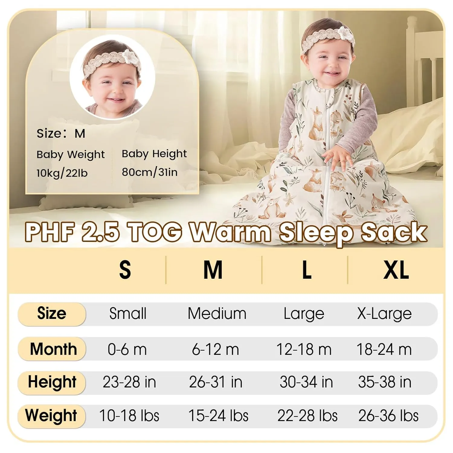 PHF 100% Cotton Baby Sleep Sack 18-24 Months, 2.5 TOG Winter Baby Wearable Blanket with 2-Way Zipper, Warm Comfy Quilted Sleeping Bags, Infant Sleeping Sack for Newborn Boys, X-Large Size, Woodland