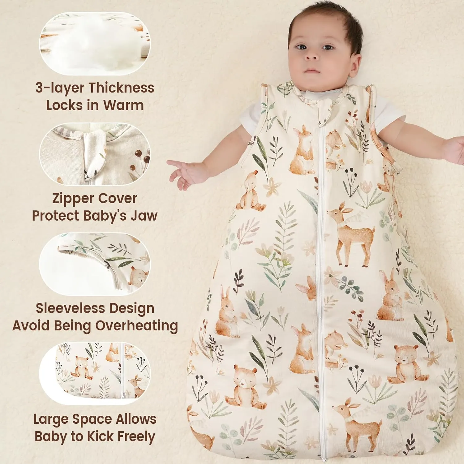 PHF 100% Cotton Baby Sleep Sack 18-24 Months, 2.5 TOG Winter Baby Wearable Blanket with 2-Way Zipper, Warm Comfy Quilted Sleeping Bags, Infant Sleeping Sack for Newborn Boys, X-Large Size, Woodland
