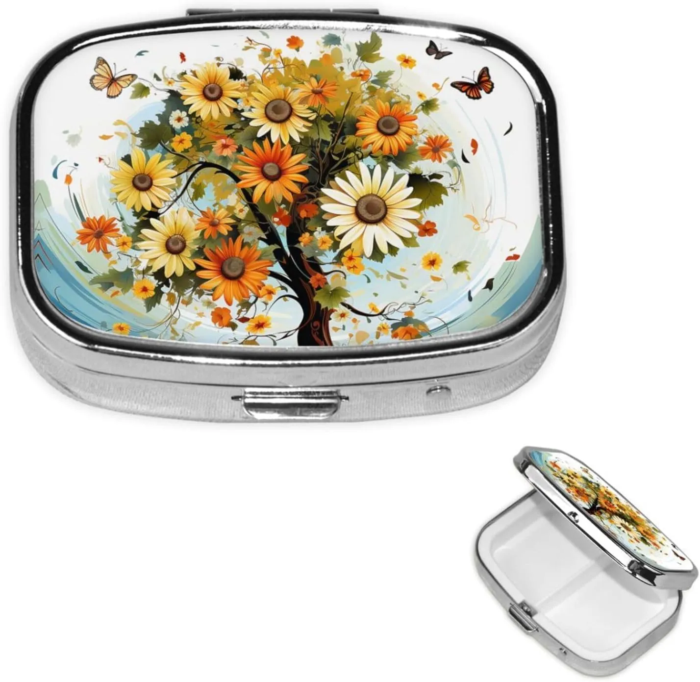 Pill Case with Mirror Retro 2 Compartment Pill Box Sunflowers Butterflies Small Pill Organizer for Purse or Pocket Decorative Metal Medicine Vitamin Organizer Unique Gifts