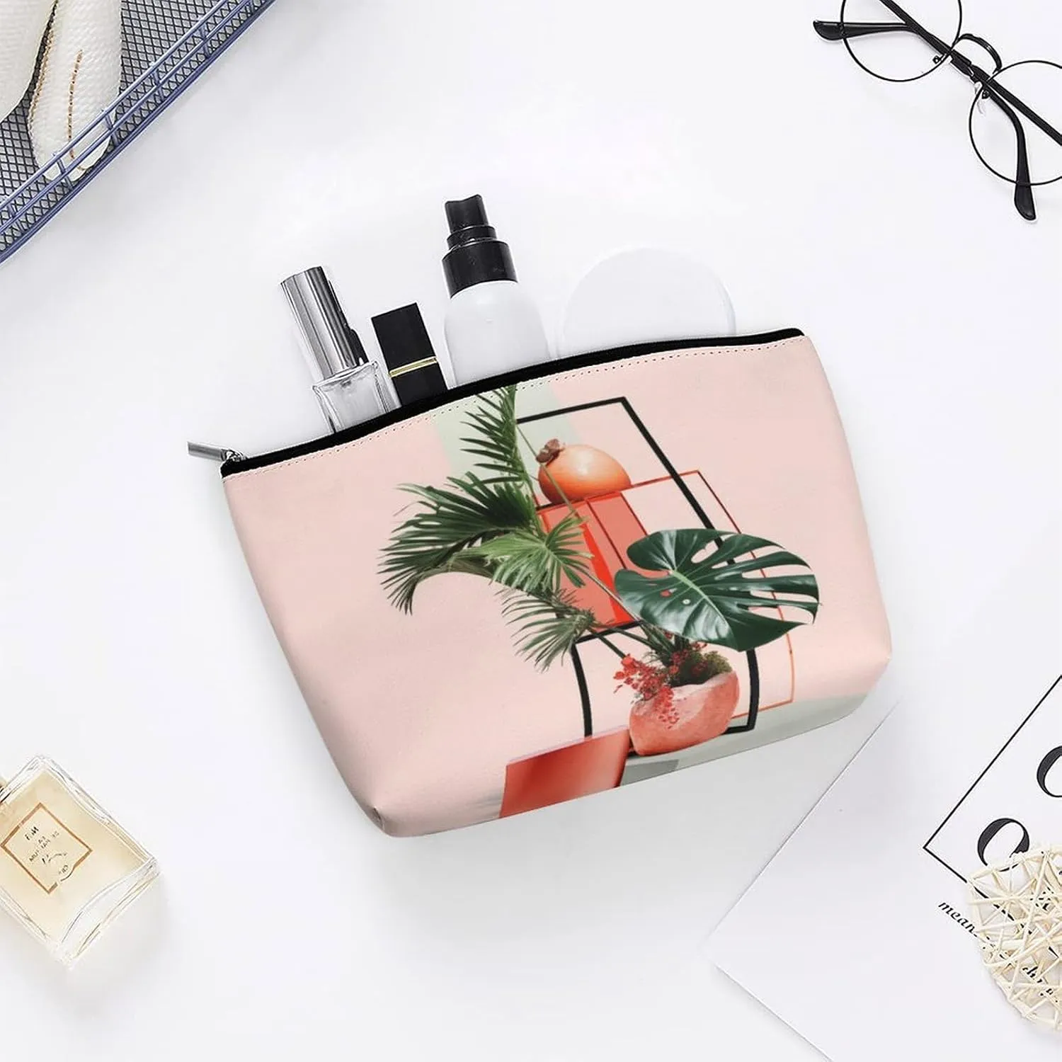 Pink Cosmetic Bags Makeup Bags for Women, Geometric Bracket Texture Travel Makeup Bag Large Make up Bag,Makeup Bag Organizer Zipper Toiletry Bag for Men