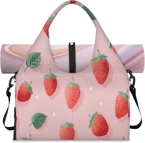 Pink Strawberry Delight Waterproof Gym Bag for Men Women, Sports Duffel Bag with Shoe Compartment Yoga Mat Holder, Portable Large Travel Bag for Fitness, Camping, Weekend Trips