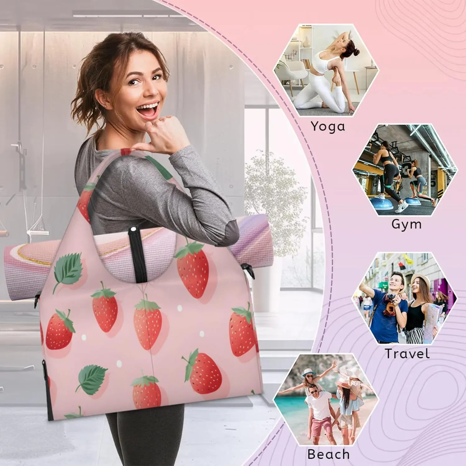 Pink Strawberry Delight Waterproof Gym Bag for Men Women, Sports Duffel Bag with Shoe Compartment Yoga Mat Holder, Portable Large Travel Bag for Fitness, Camping, Weekend Trips