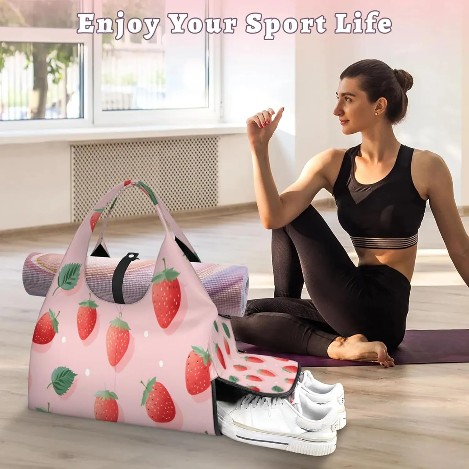 Pink Strawberry Delight Waterproof Gym Bag for Men Women, Sports Duffel Bag with Shoe Compartment Yoga Mat Holder, Portable Large Travel Bag for Fitness, Camping, Weekend Trips