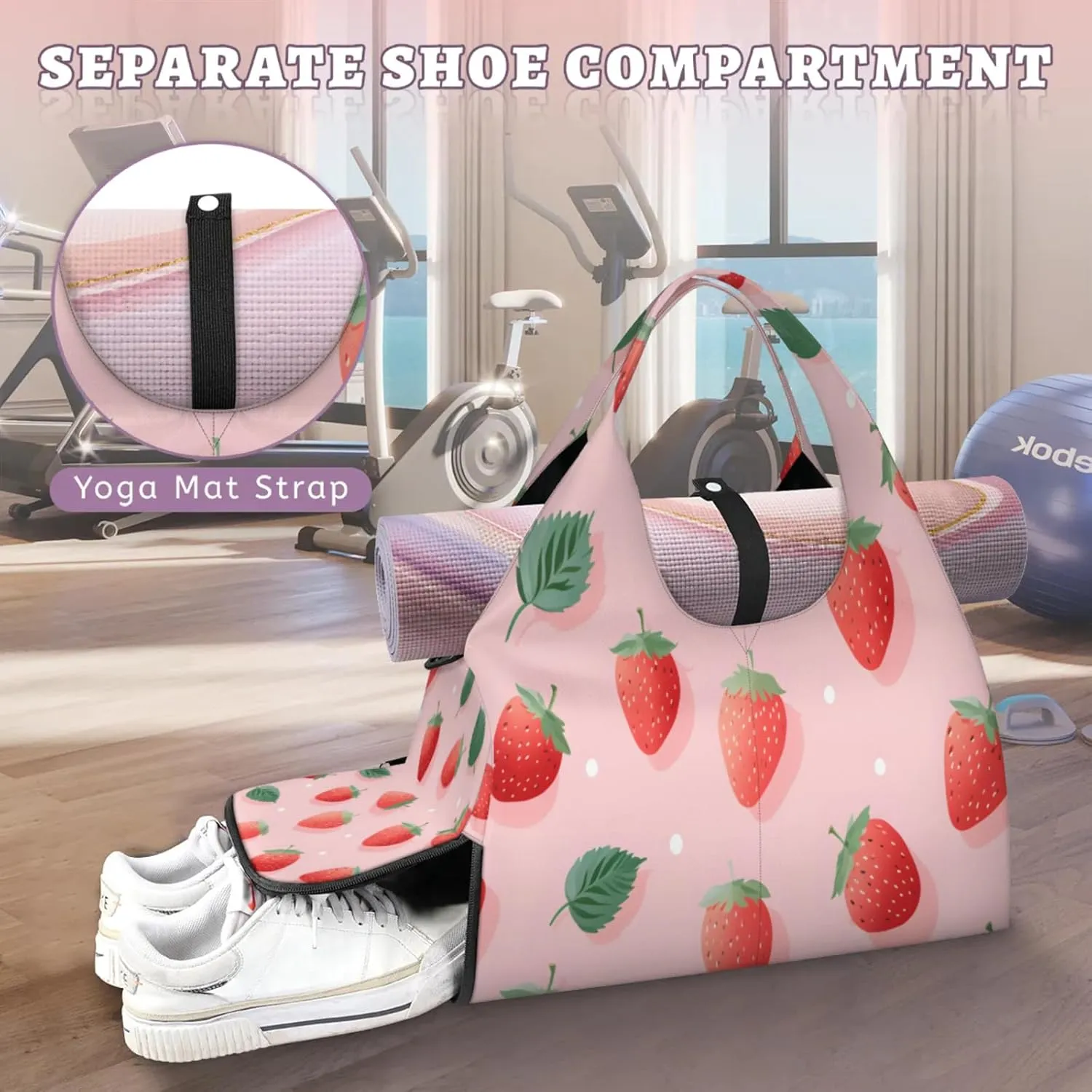Pink Strawberry Delight Waterproof Gym Bag for Men Women, Sports Duffel Bag with Shoe Compartment Yoga Mat Holder, Portable Large Travel Bag for Fitness, Camping, Weekend Trips