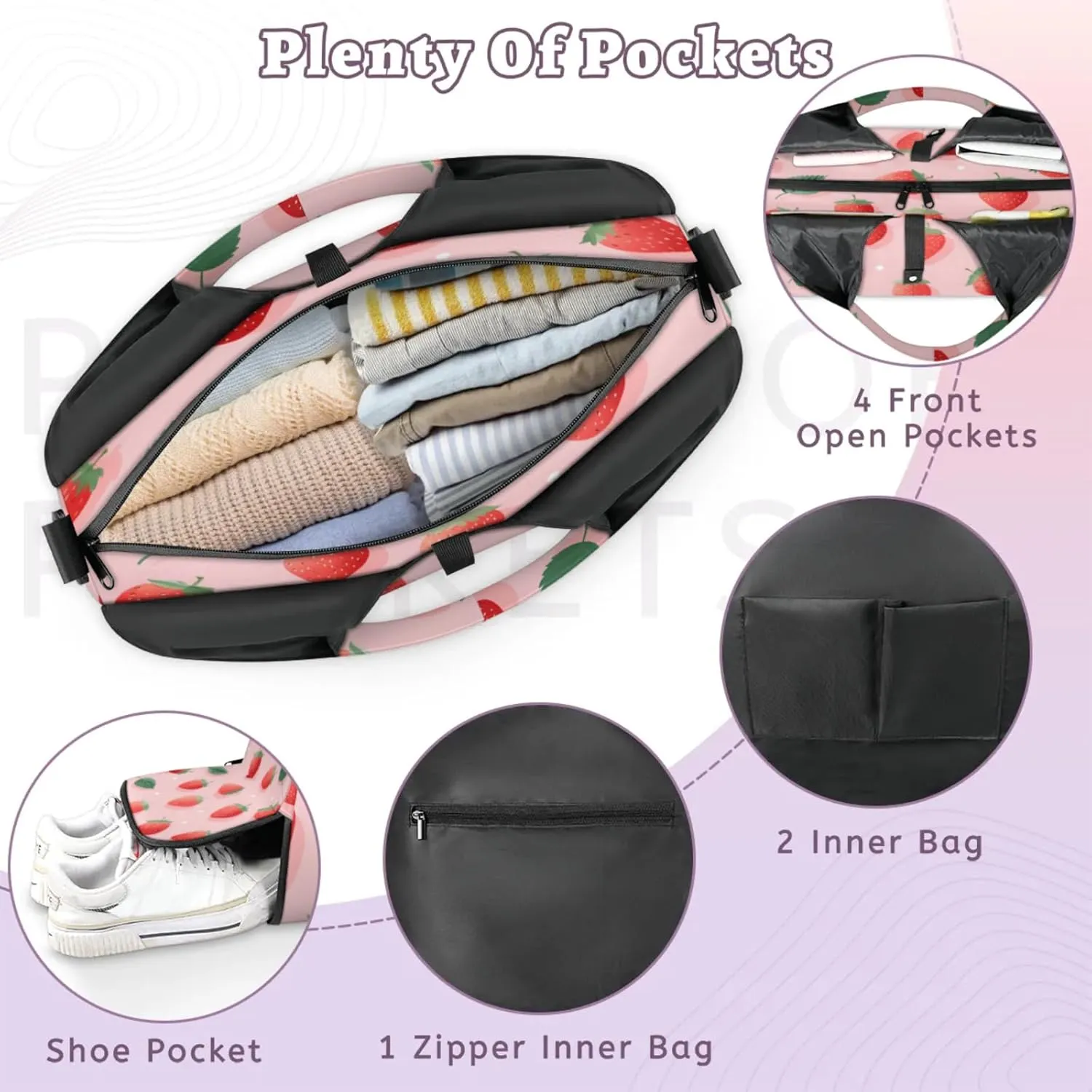Pink Strawberry Delight Waterproof Gym Bag for Men Women, Sports Duffel Bag with Shoe Compartment Yoga Mat Holder, Portable Large Travel Bag for Fitness, Camping, Weekend Trips
