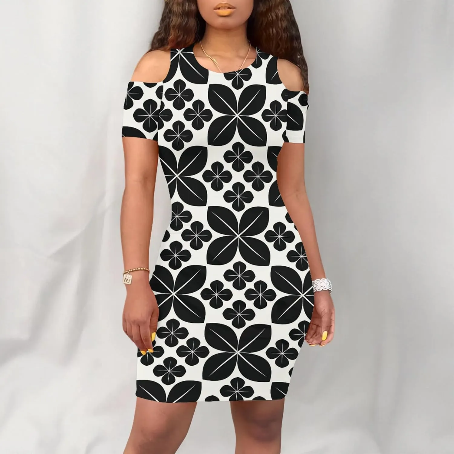 Plus Size Dresses for Curvy Women Sexy Open Shoulder Round Neck Sundress with Sleeves Casual Loose T-Shirt Swing Dress