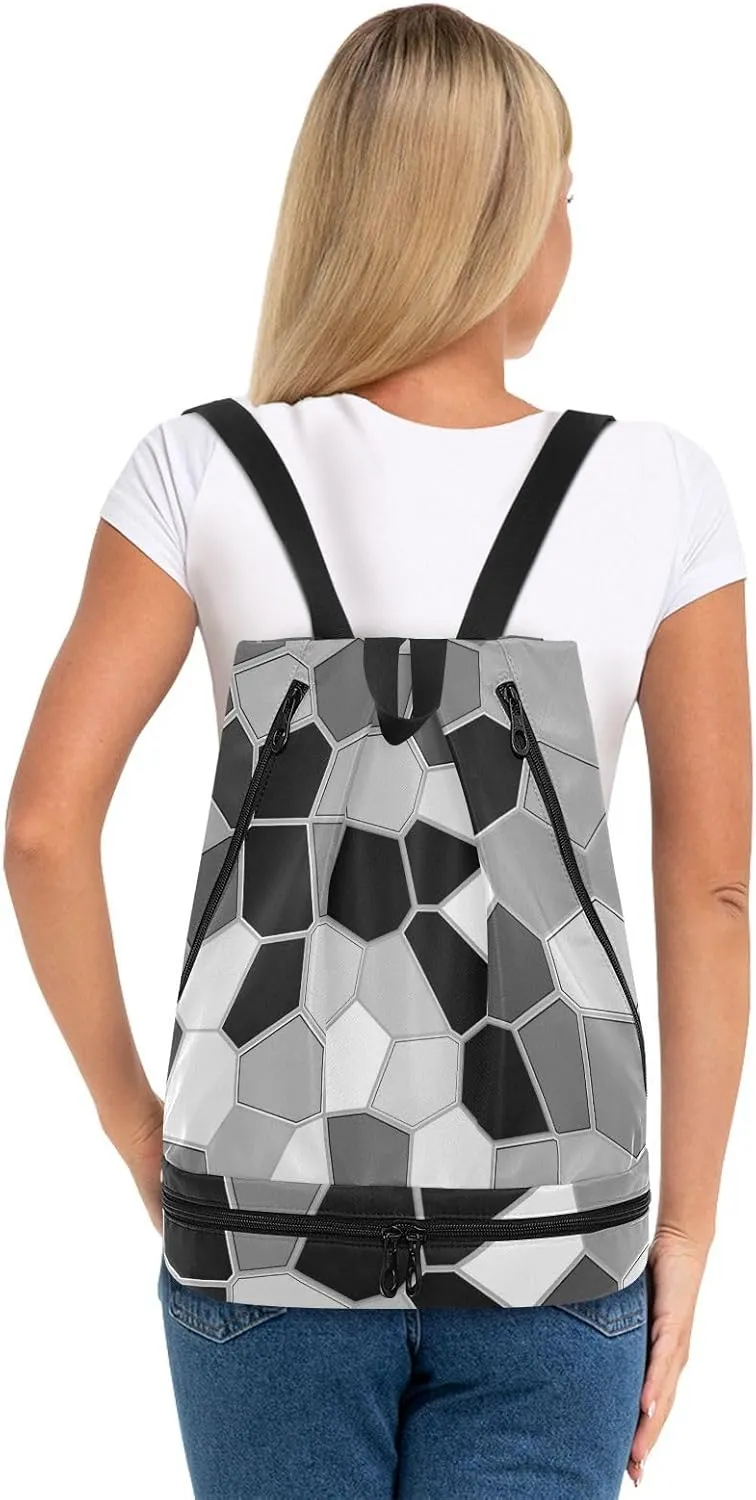 Poeticcity Gym Swimming Drawstring Bags Daypacks Backpack Purse Casual Knapsack Shoulder Bag Sitting Rucksack Black White Modern Mosaic Abstract Geometric Backdrop Textiles