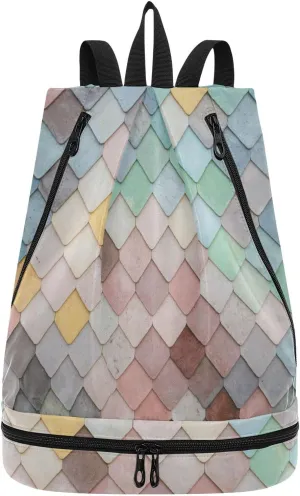 Poeticcity Gym Swimming Drawstring Bags Daypacks Backpack Purse Casual Knapsack Shoulder Bag Sitting Rucksack Colorful Random Sunroof Tiles Seamless Mosaic Geometric Squares