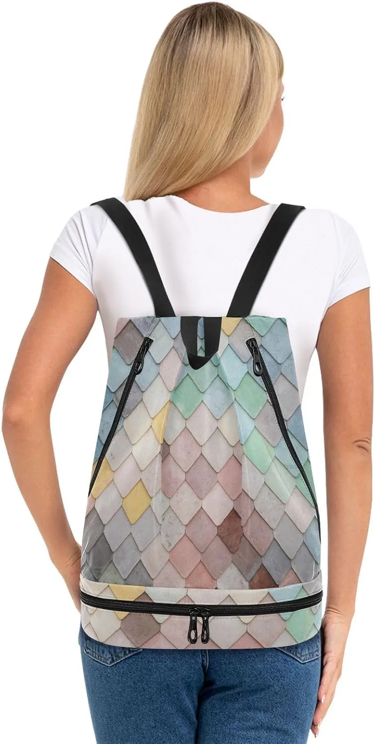Poeticcity Gym Swimming Drawstring Bags Daypacks Backpack Purse Casual Knapsack Shoulder Bag Sitting Rucksack Colorful Random Sunroof Tiles Seamless Mosaic Geometric Squares