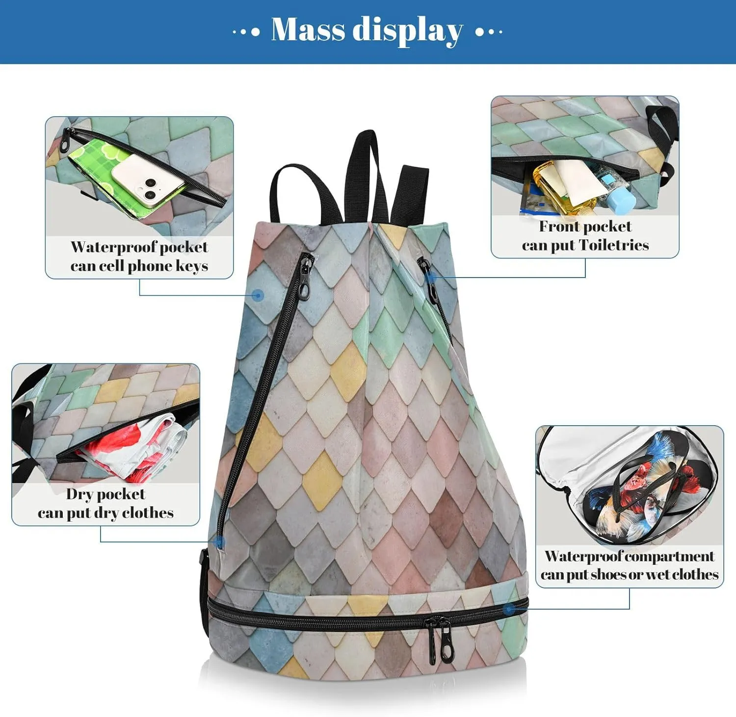 Poeticcity Gym Swimming Drawstring Bags Daypacks Backpack Purse Casual Knapsack Shoulder Bag Sitting Rucksack Colorful Random Sunroof Tiles Seamless Mosaic Geometric Squares
