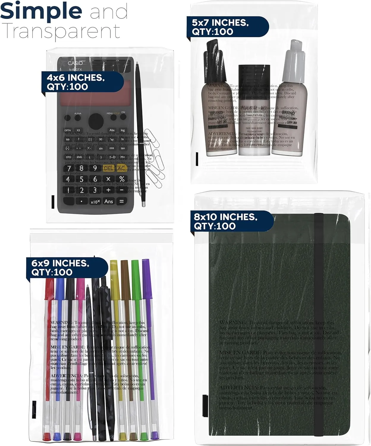 Poly Bags with Suffocation Warning 4x6", 5x7", 6x9", 8x10" - Small Combo Pack of 400 (100 each size) - Clear Poly Bags by Retail Supply Co - Resealable