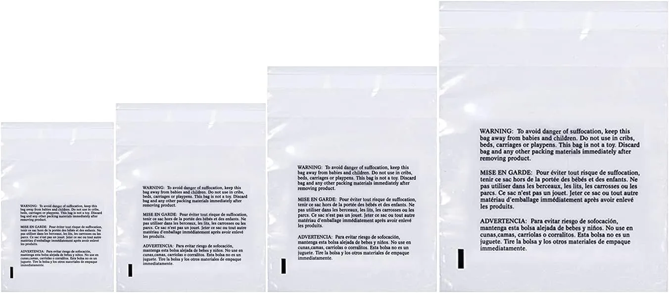 Poly Bags with Suffocation Warning 6x9", 8x10", 9x12", 11x14" - Combo Pack of 400 (100 each size) - Clear Poly Bags by Retail Supply Co - Resealable
