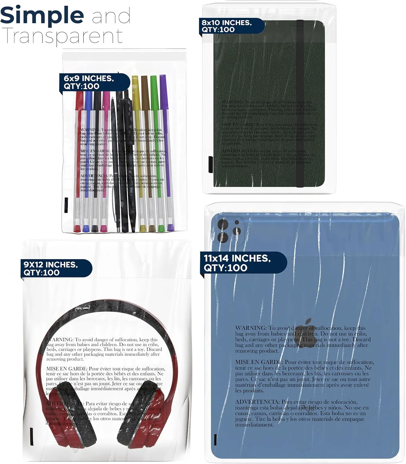 Poly Bags with Suffocation Warning 6x9", 8x10", 9x12", 11x14" - Combo Pack of 400 (100 each size) - Clear Poly Bags by Retail Supply Co - Resealable