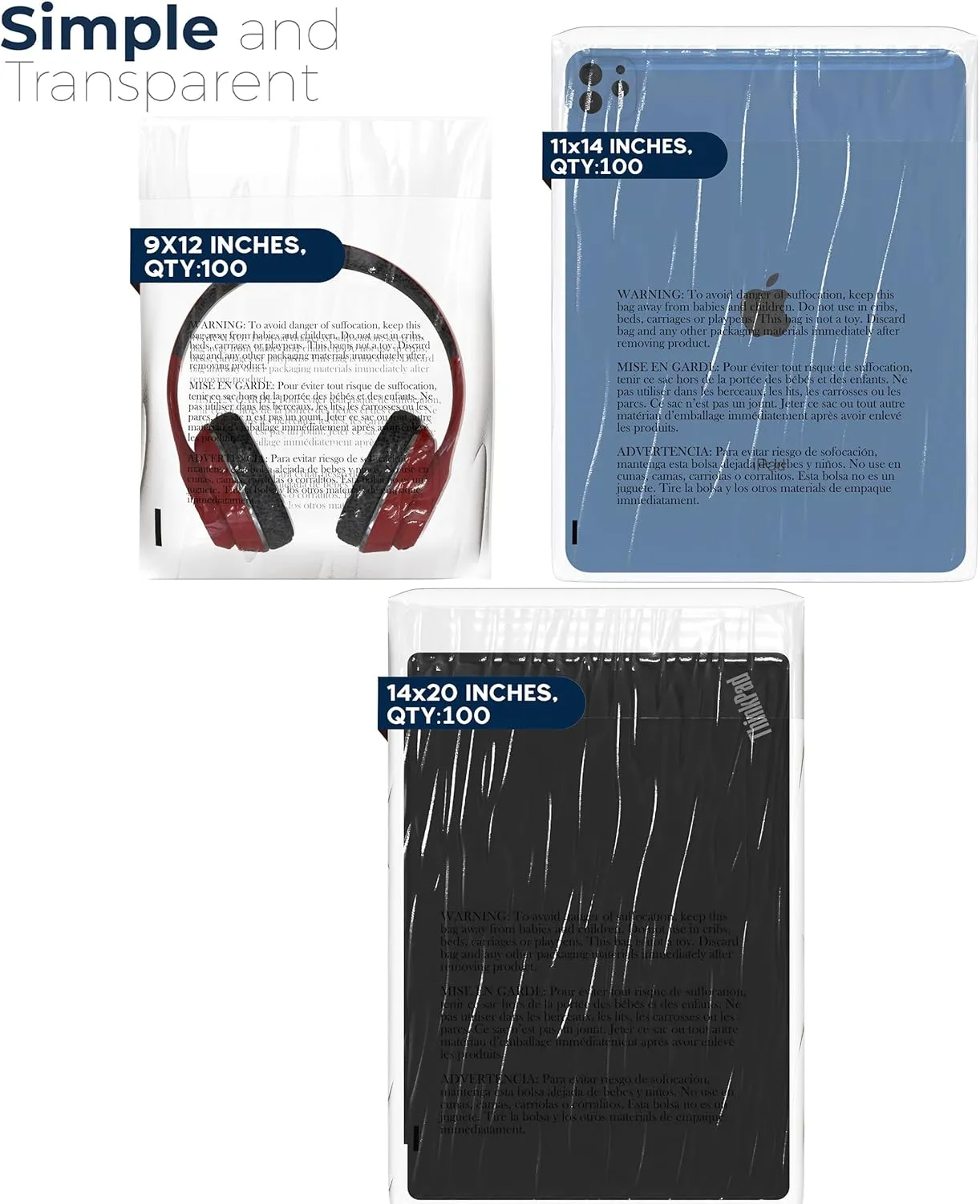 Poly Bags with Suffocation Warning 9x12", 11x14", 14x20" - Large Combo Pack of 300 (100 each size) - Clear Poly Bags by Retail Supply Co - Extra Strong Seal