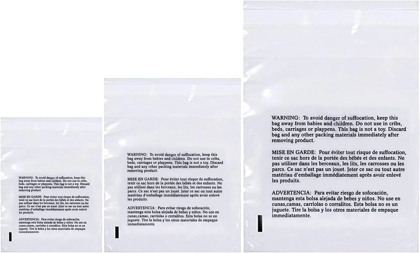 Poly Bags with Suffocation Warning 9x12", 11x14", 14x20" - Large Combo Pack of 300 (100 each size) - Clear Poly Bags by Retail Supply Co - Extra Strong Seal