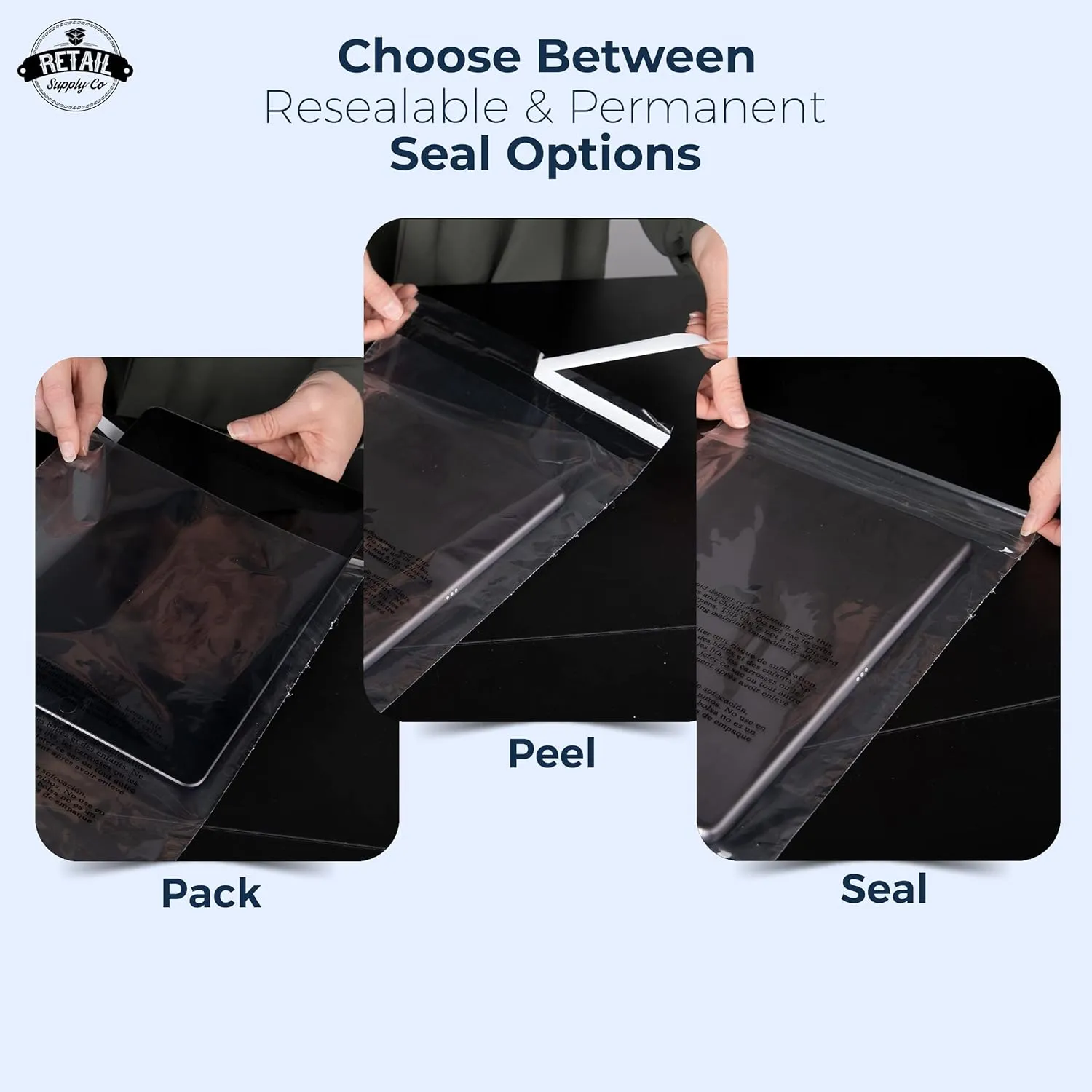Poly Bags with Suffocation Warning 9x12" – Extra Strong Seal Clear Self-Sealing Packaging Bags – 200 Pack for Shipping and Retail – Retail Supply Co