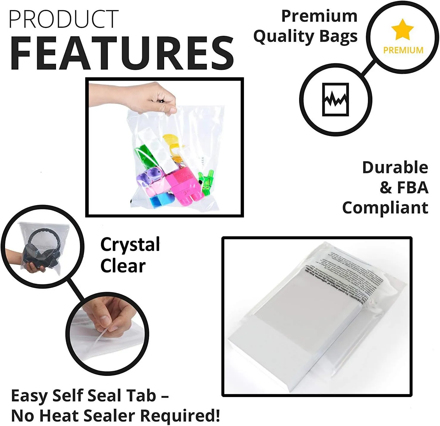 Poly Bags with Suffocation Warning 9x12" – Extra Strong Seal Clear Self-Sealing Packaging Bags – 200 Pack for Shipping and Retail – Retail Supply Co
