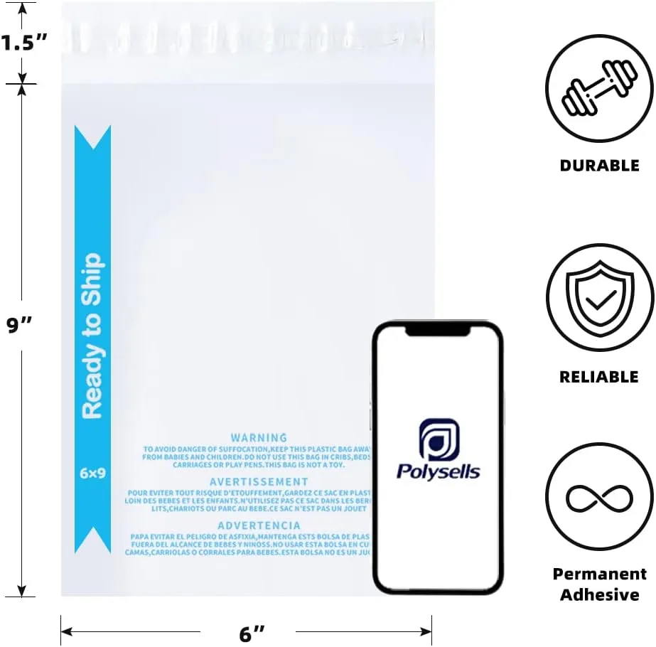 POLYSELLS Strong Self Seal Clear Poly Bags with Suffocation Warning for Packaging, Shipping, T-Shirts, Clothes & FBA, Permanent Adhesive, 6"x9", 1000pcs
