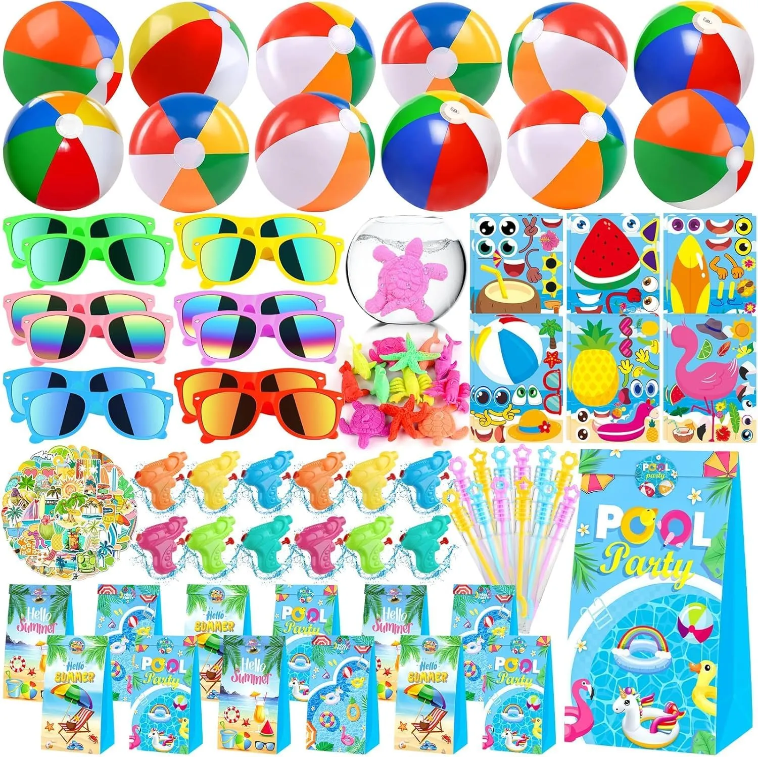 Pool Beach Party Favors for Kids 12 Pack – Beach Balls, Sunglasses, Bubble Wands – Summer Birthday Goodie Bag Stuffers, End of Year Gifts for Students
