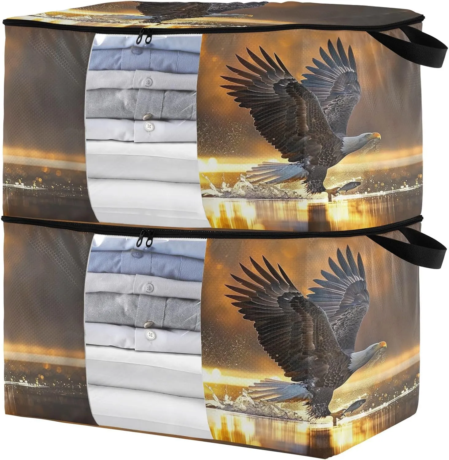 Predatory Hawk Pattern Clothes Storage Bags 95L Large Closet Organizer Bags 2-Pack, Zippered, Foldable with Clear Window & Handles - Ideal for Comforters, Blankets