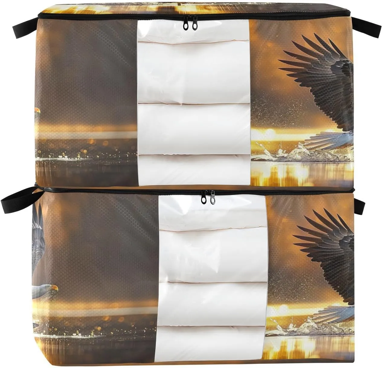 Predatory Hawk Pattern Clothes Storage Bags 95L Large Closet Organizer Bags 2-Pack, Zippered, Foldable with Clear Window & Handles - Ideal for Comforters, Blankets