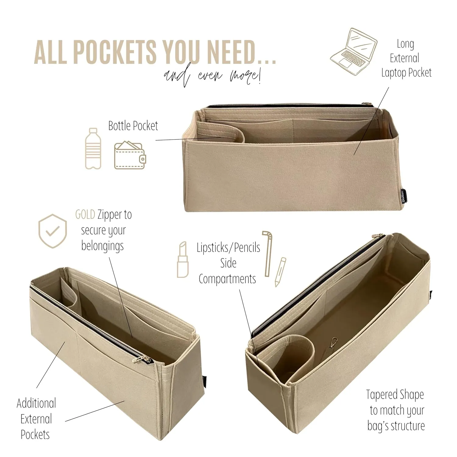 Premium Purse Organizer fits Artsy MM Purse Organizer Insert, Artsy GM Organizer, Handmade Snug Sturdy 2mm Felt with Gold Zipper Tapered Shape Perfect Fit (For Artsy MM, Tea)