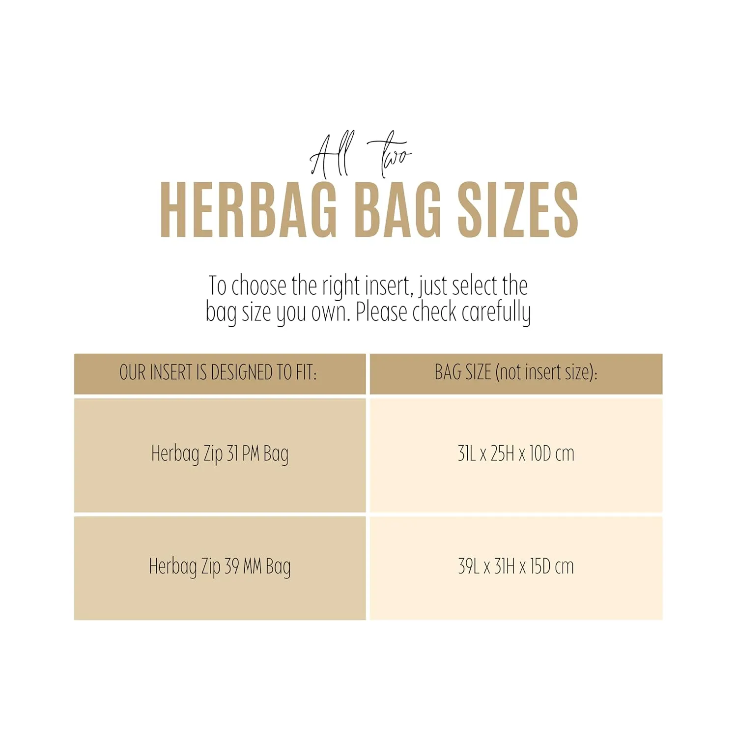 Premium Purse Organizer fits Herbag 31 Bag Organizer, Herbag 39 Insert, Handmade 2mm Thick Felt Snug Sturdy Gold Zipper (For Herbag 39 (MM), Brown)