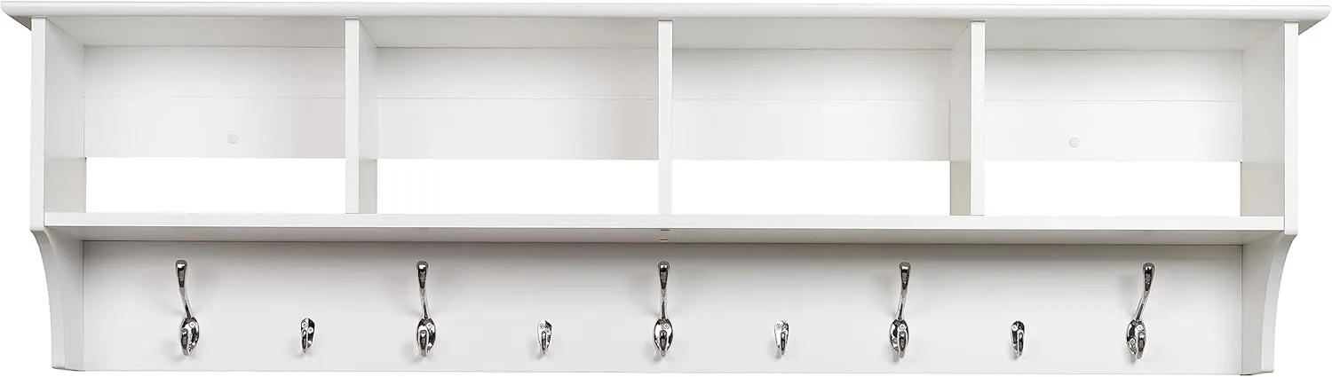 Prepac 60" Contemporary Wall Mounted Coat Rack, Coat Hooks Wall Mount with 4 Shelves, Ideal for Hallway or Entryway Storage Solution, 11.5"D x 60"W x 16.5"H, White