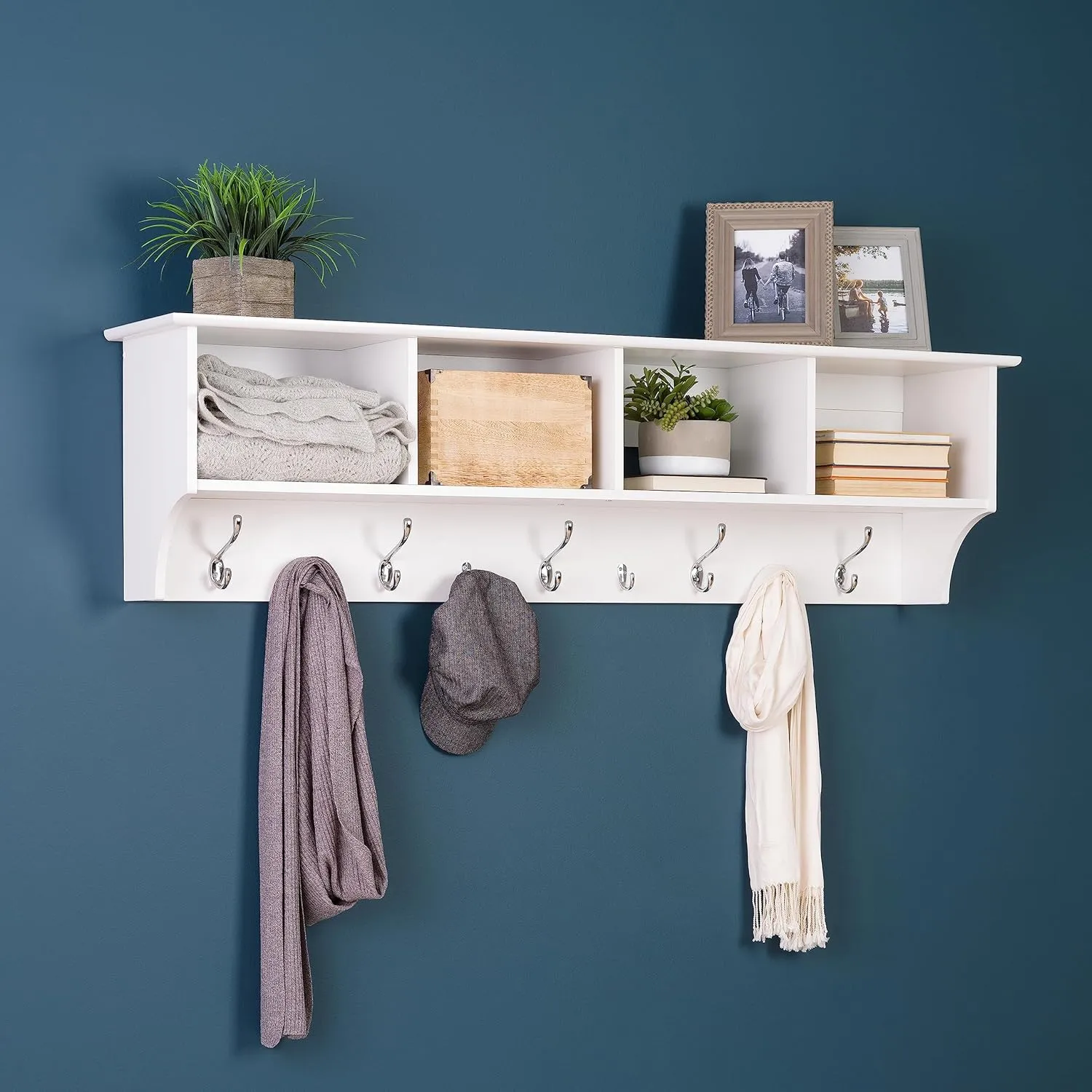 Prepac 60" Contemporary Wall Mounted Coat Rack, Coat Hooks Wall Mount with 4 Shelves, Ideal for Hallway or Entryway Storage Solution, 11.5"D x 60"W x 16.5"H, White