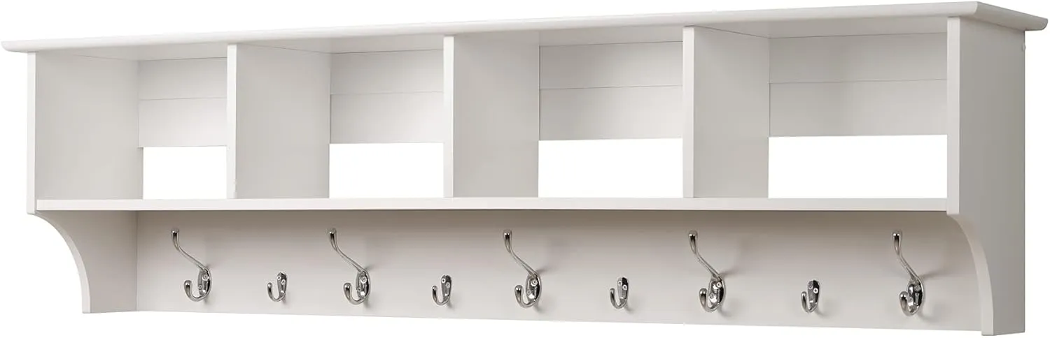 Prepac 60" Contemporary Wall Mounted Coat Rack, Coat Hooks Wall Mount with 4 Shelves, Ideal for Hallway or Entryway Storage Solution, 11.5"D x 60"W x 16.5"H, White