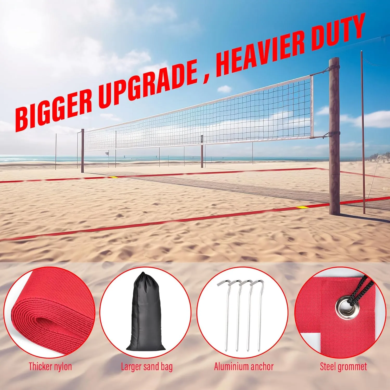 Professional Beach Volleyball Lines for Sand-2 Inch, Highly Visible, All-Weather, with Stainless Anchors & Sand Bags - Official Court 30' X 60'|Short Court 26.3' X 52.6'