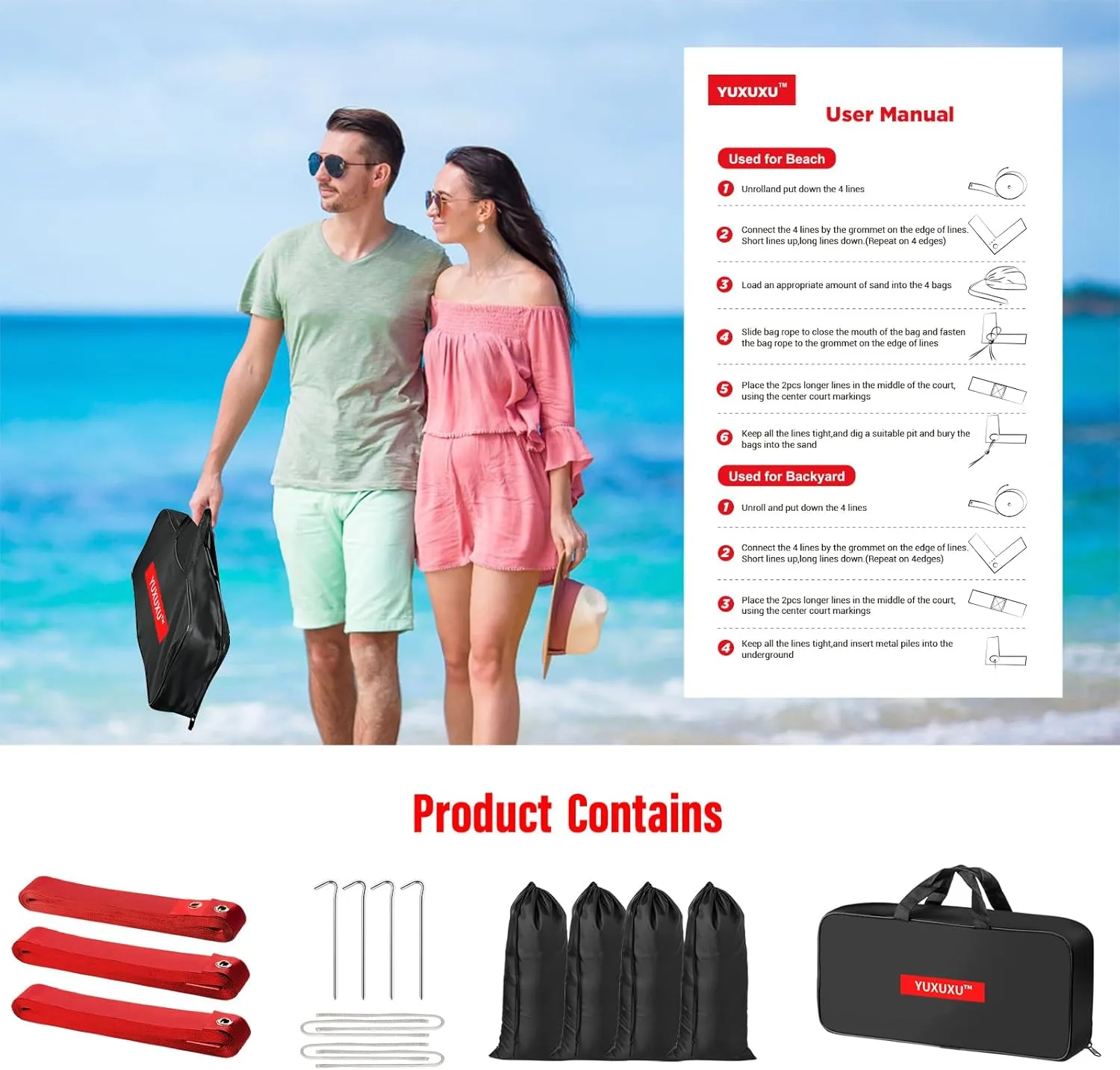 Professional Beach Volleyball Lines for Sand-2 Inch, Highly Visible, All-Weather, with Stainless Anchors & Sand Bags - Official Court 30' X 60'|Short Court 26.3' X 52.6'
