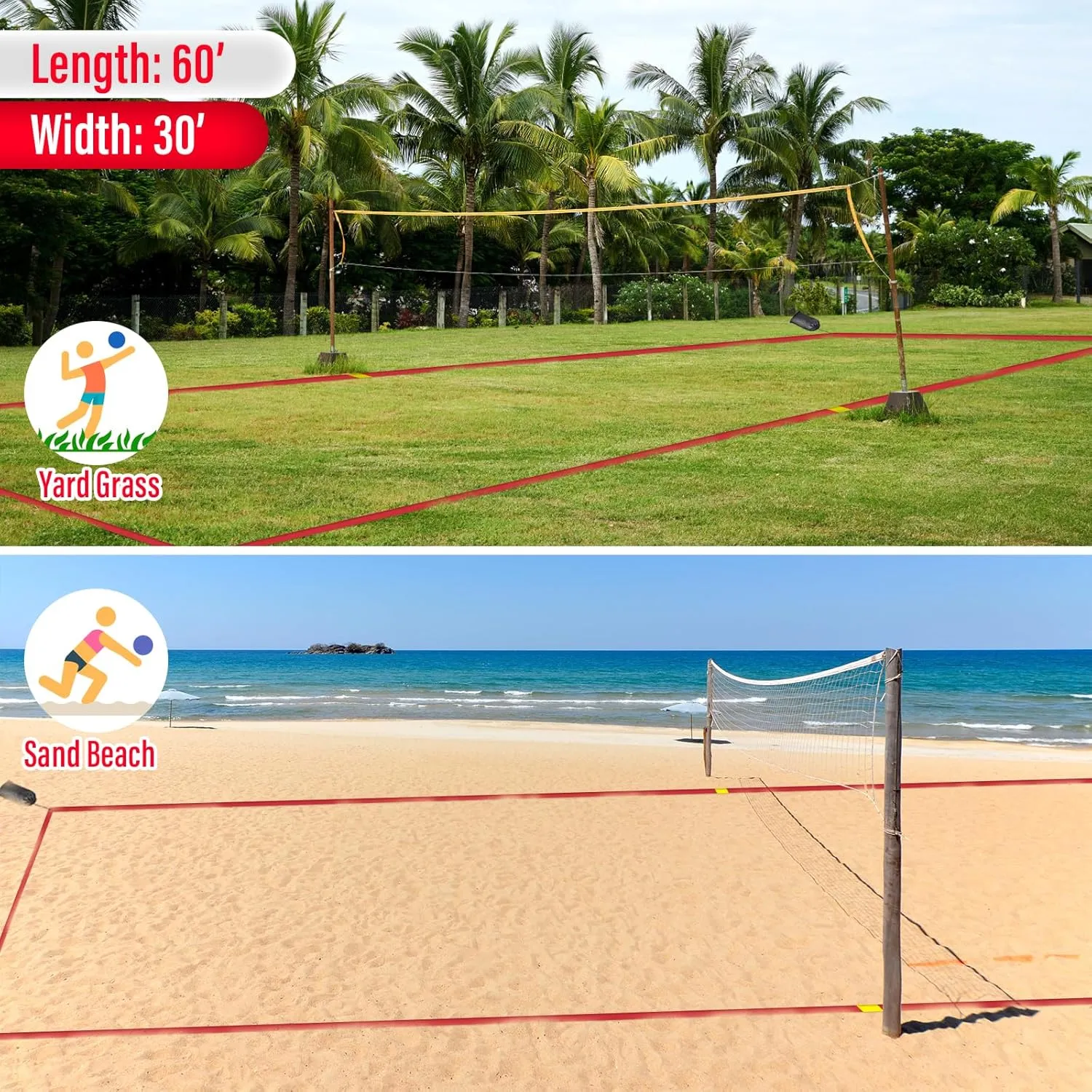 Professional Beach Volleyball Lines for Sand-2 Inch, Highly Visible, All-Weather, with Stainless Anchors & Sand Bags - Official Court 30' X 60'|Short Court 26.3' X 52.6'