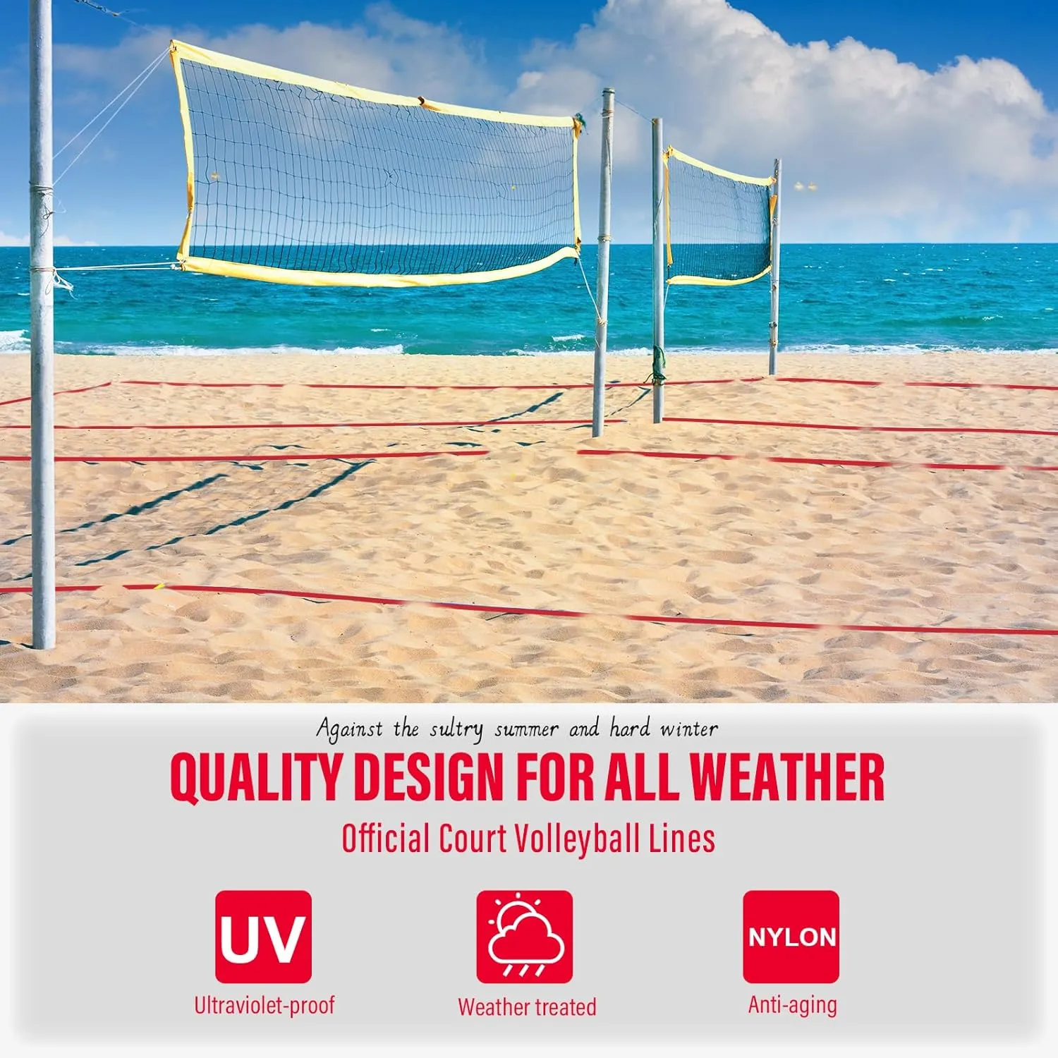 Professional Beach Volleyball Lines for Sand-2 Inch, Highly Visible, All-Weather, with Stainless Anchors & Sand Bags - Official Court 30' X 60'|Short Court 26.3' X 52.6'