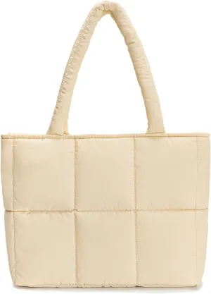 Puffer Tote Bag for Women, Large Quilted Puffy Padding Shoulder Handbag Lightweight for Work Travel Gym Shop