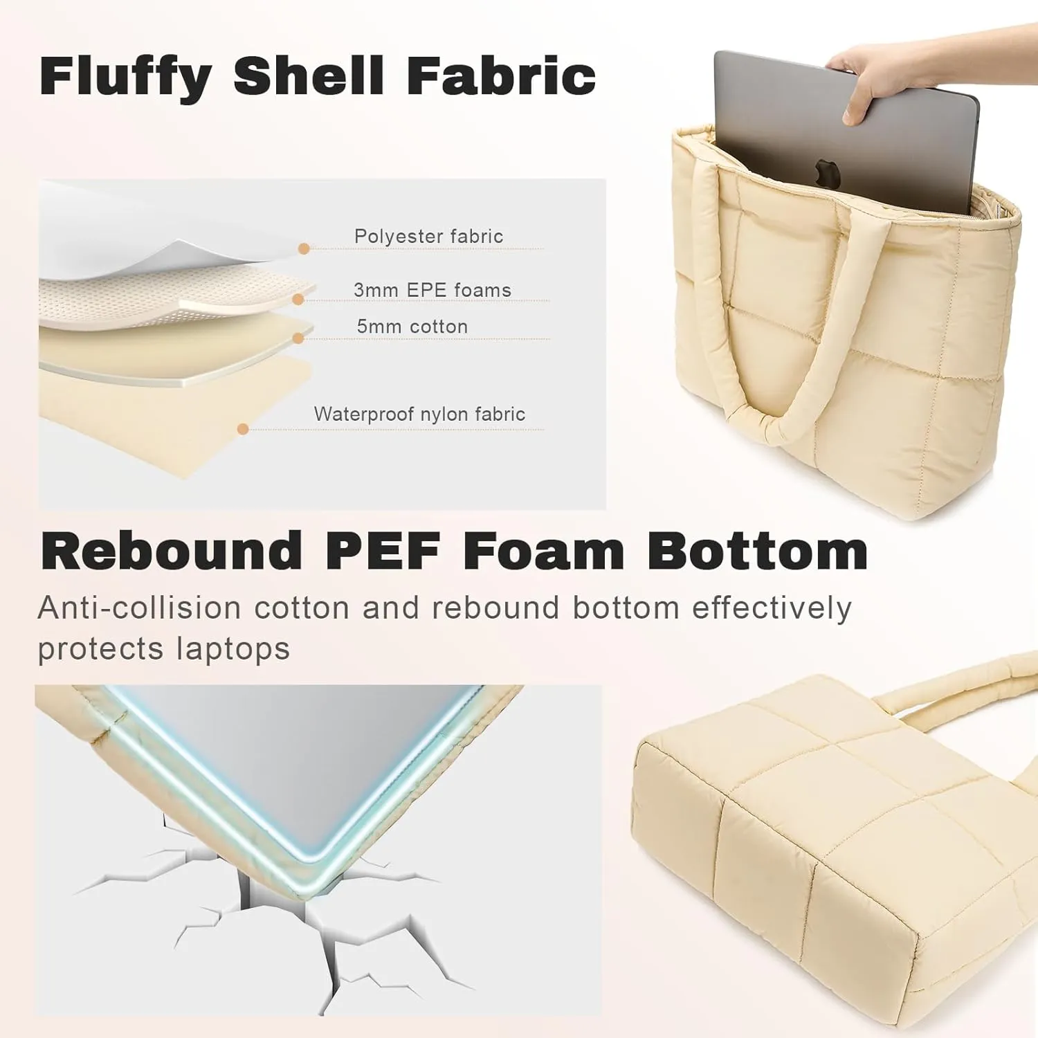 Puffer Tote Bag for Women, Large Quilted Puffy Padding Shoulder Handbag Lightweight for Work Travel Gym Shop
