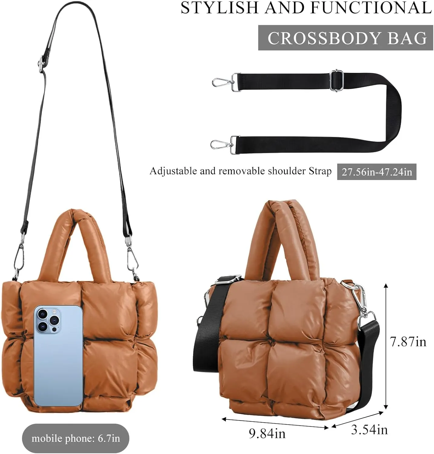Puffer Tote Bag, Small Puffy Bags for Women Lightweight Down-Filled Crossbody Quilted Tote Bag Shoulder Handbags Purse