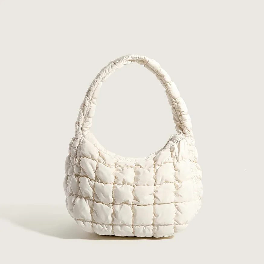 Puffer Underarm Handbag For Women, Small Cute Designer Hobo Bag, Quilted Padding Bags, Soft Nylon Puffy Purse